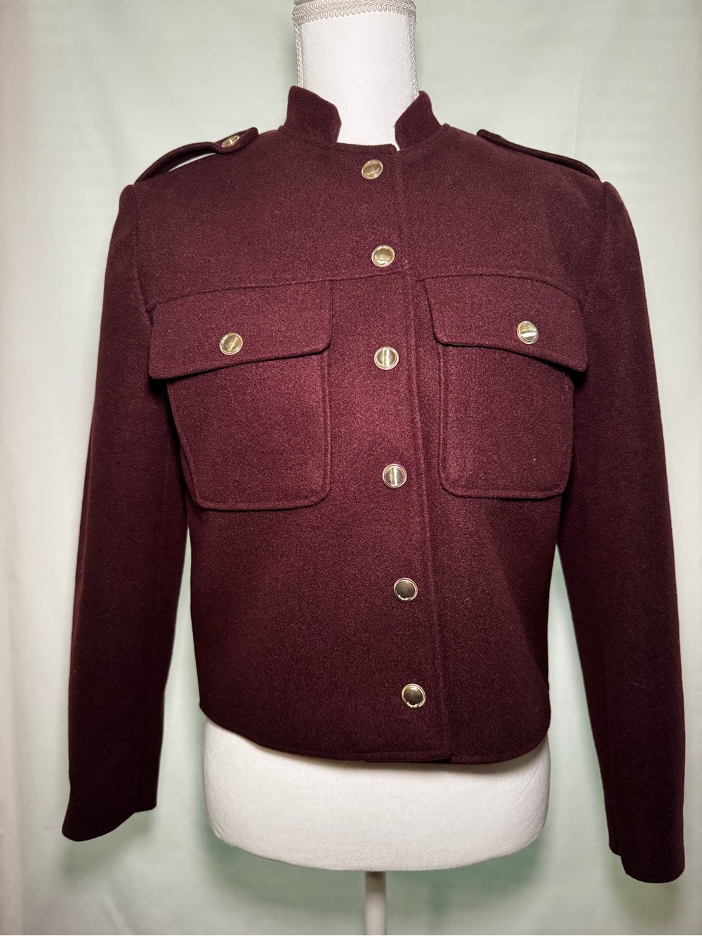 Jason Wu Burgundy Cropped Military Jacket with Gold Buttons